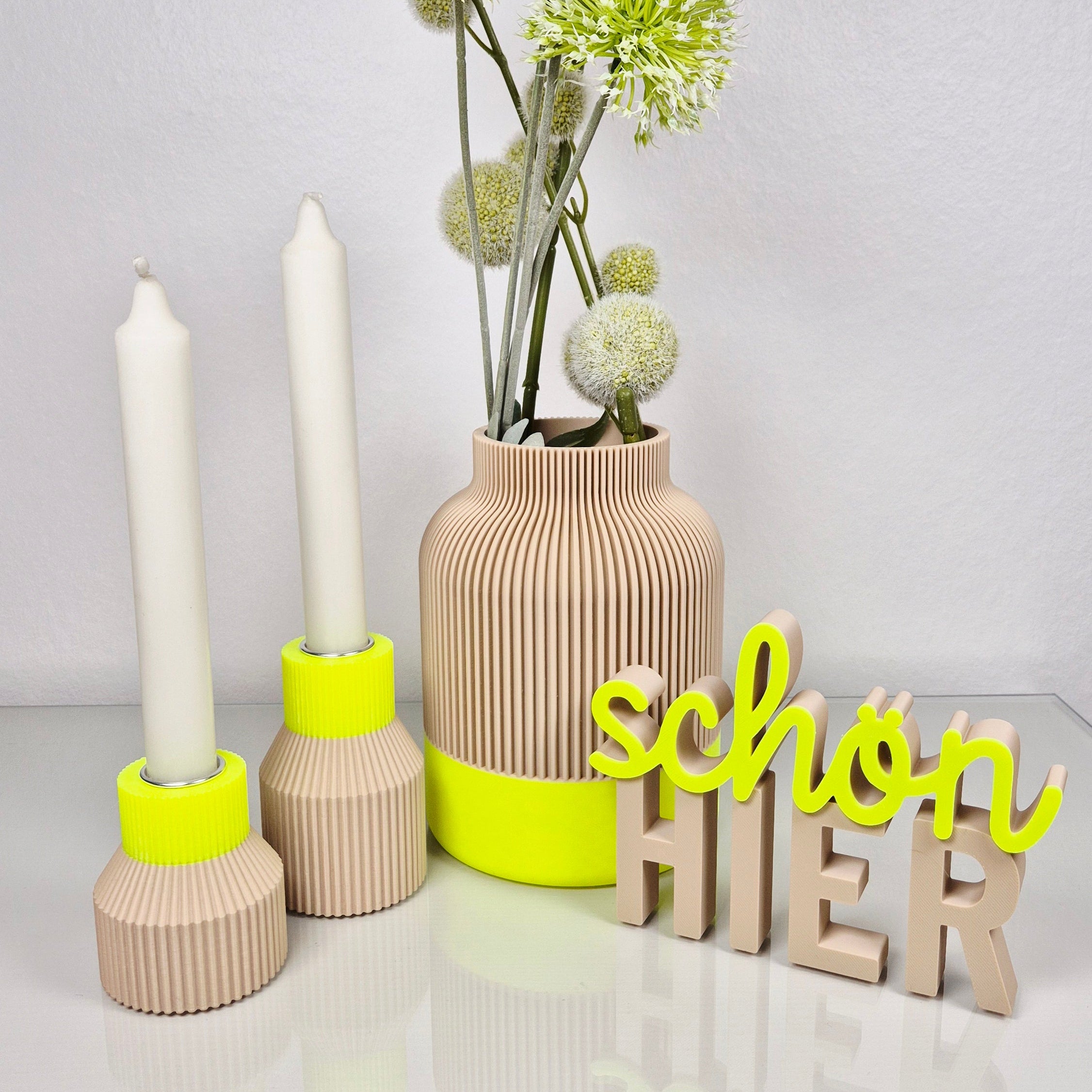 Set: Statement Neon | Vase + Schriftzug + 2 Kerzenständer